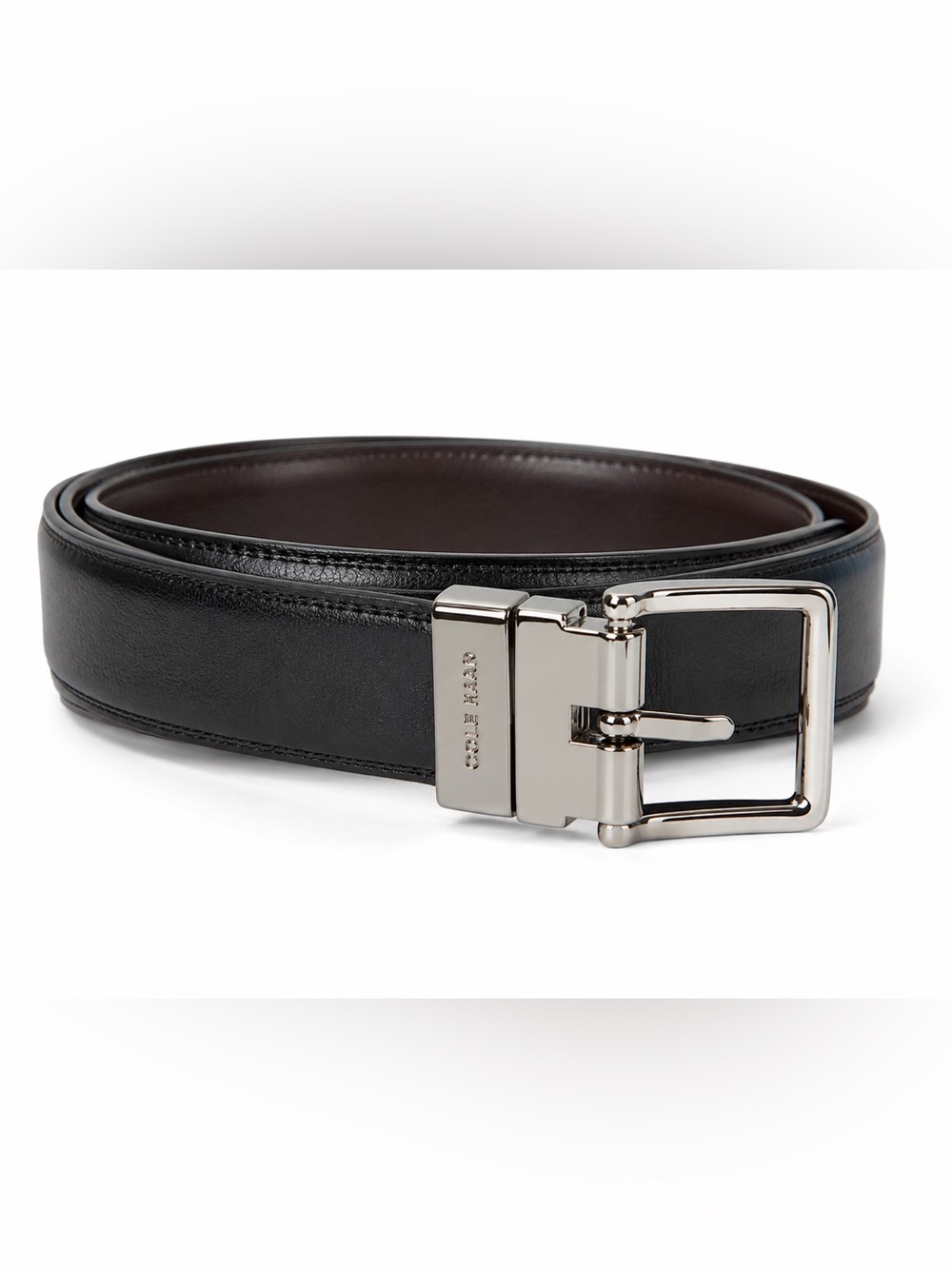 Cole Haan Black Brown Reversible Genuine Leather Belt Size 36 Silver Buckle NWOT
